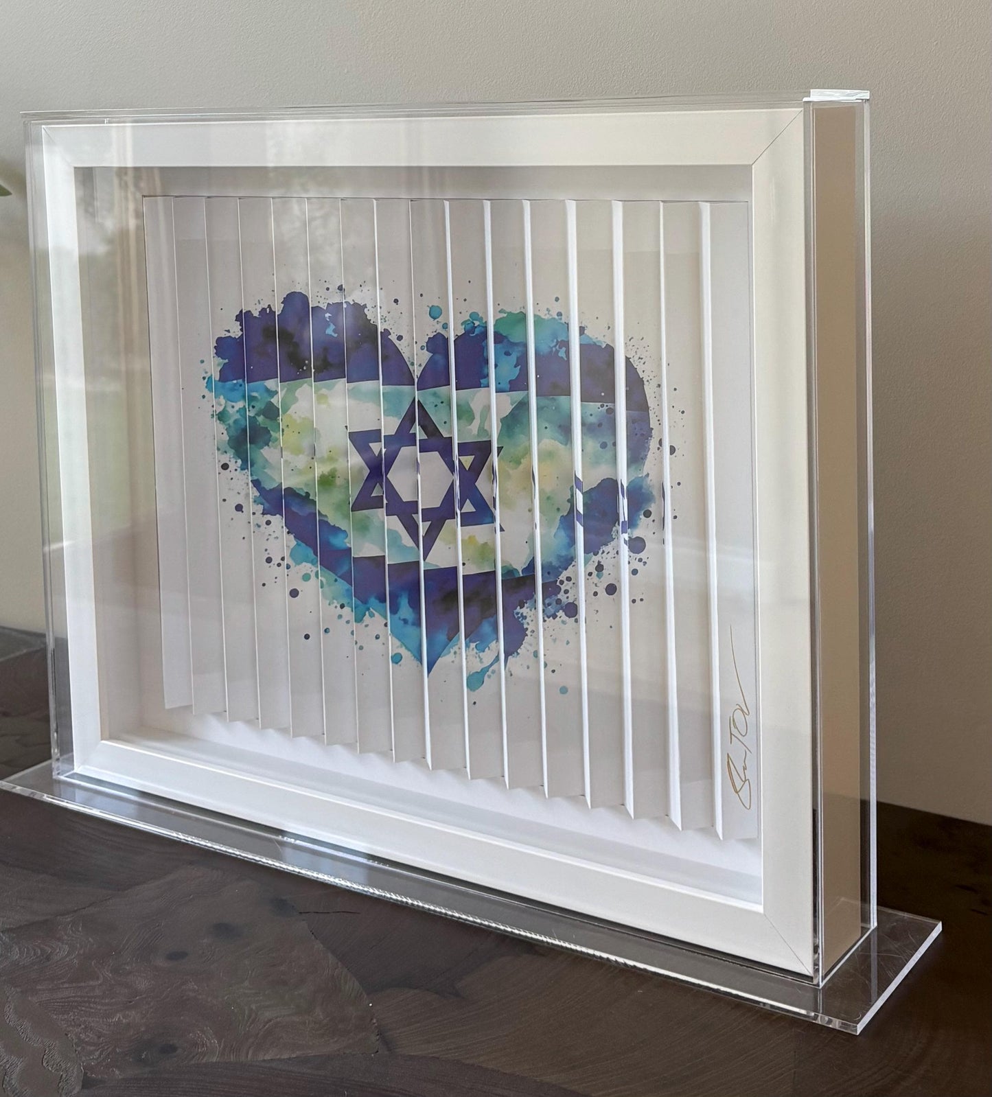 Shem Tov Am Yisrael Chai - Blue Heart & Israeli Star 3D Sculpture in Lucite Case Hand Signed COA