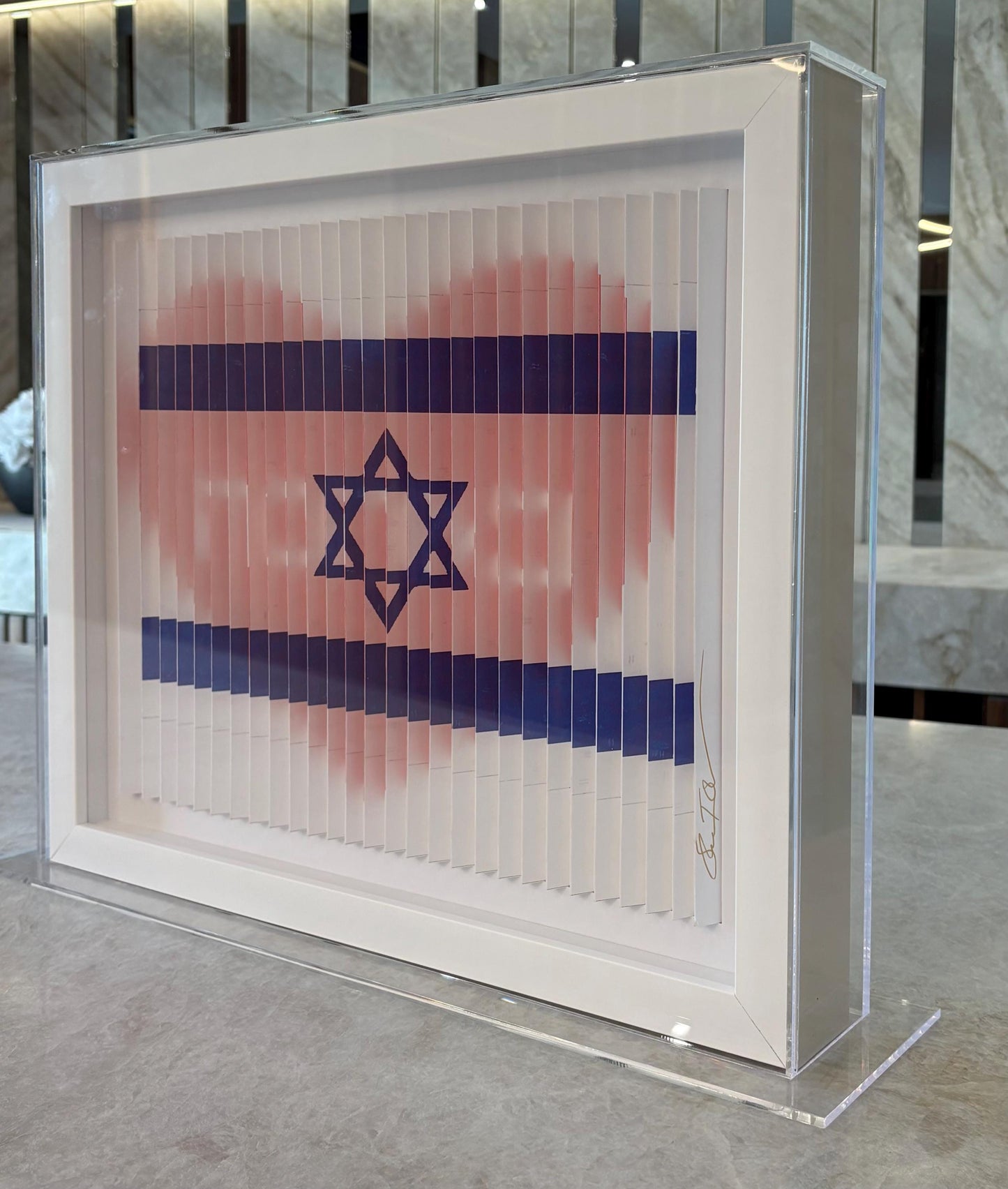 Shem Tov Be'ahava Red Heart & Israeli Flag 3D Sculpture in Lucite Case Hand Signed COA