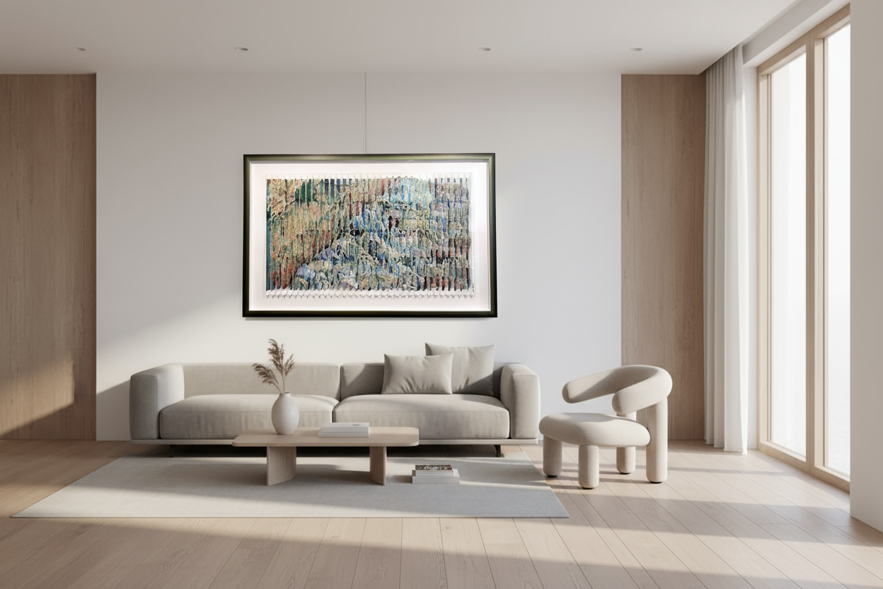 Modern living room with a gray sofa, coffee table, and abstract painting on the wall. Birkat Kohanim - the kohen's blessing at the western wall.