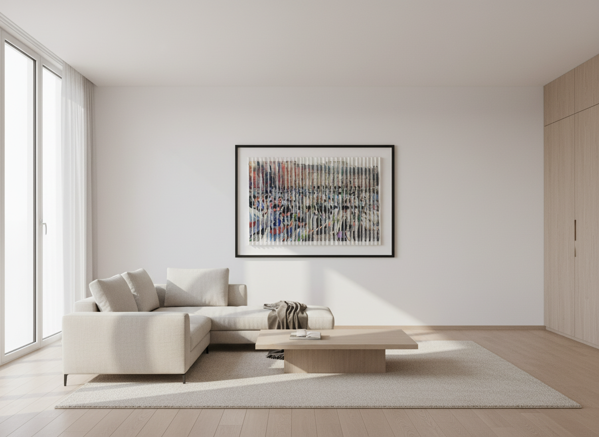 Modern living room with a sectional sofa, coffee table, and artwork on the wall. sukkot 