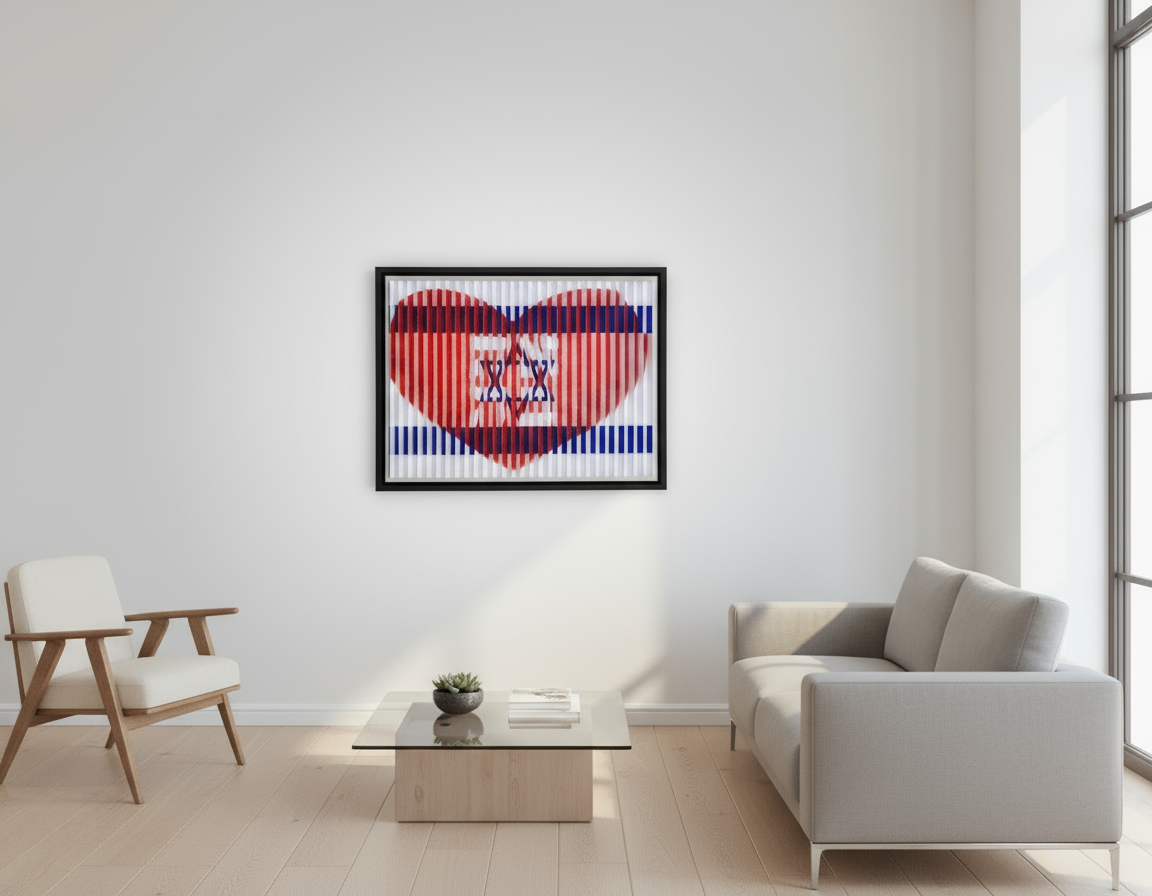 Framed artwork with a heart-shaped design resembling the Israeli flag on a white background