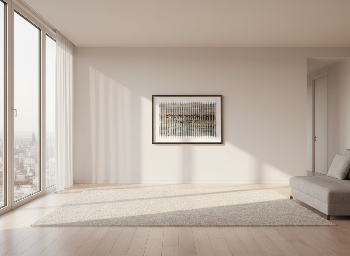 Modern living room with large windows, a rug, and a framed picture on the wall.