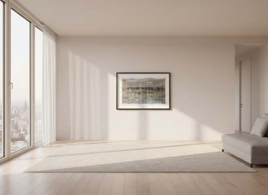 Modern living room with large windows, a rug, and a framed picture on the wall.