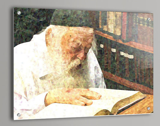 Mosaic-style artwork of a person sitting at a desk with books in the background